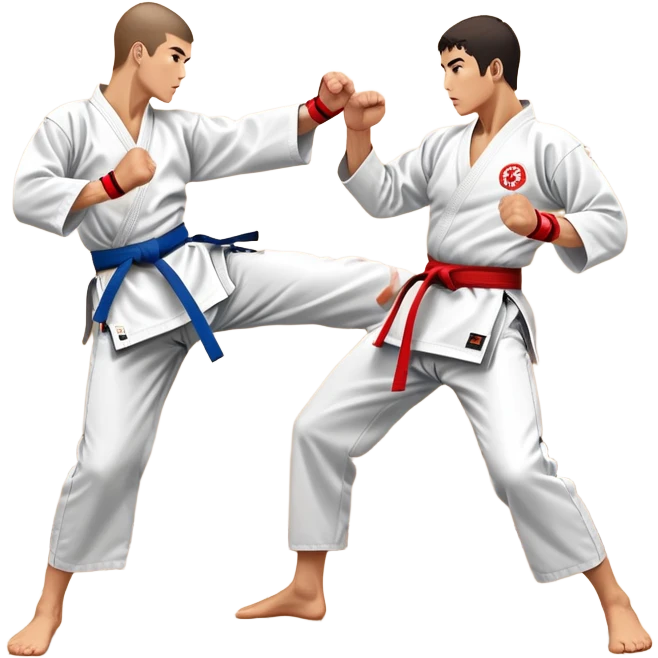Two karate fighters in traditional gi sparring. One executes a high kick aimed at the opponent’s head, while the other blocks with a strong hand defense. The background features a classic dojo with wooden flooring and banners. Dynamic motion and focused expressions. Transparent background. emoji