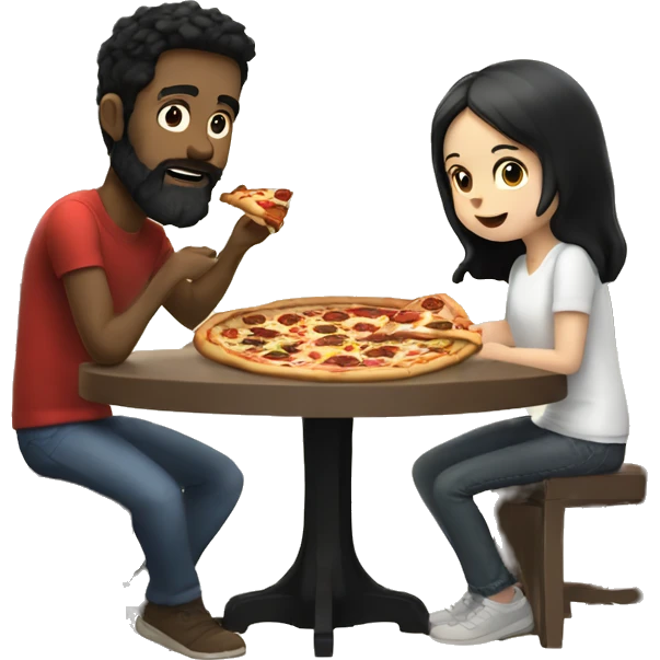 white man with black hair and beard sitting at a table eating pizza with small white girl with black hair emoji