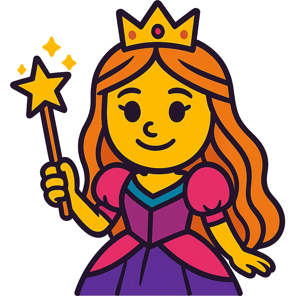 cartoon-style princess emoji with long hair, wearing a golden crown, smiling softly, dressed in a royal gown, holding a magic wand, vibrant toon style emoji