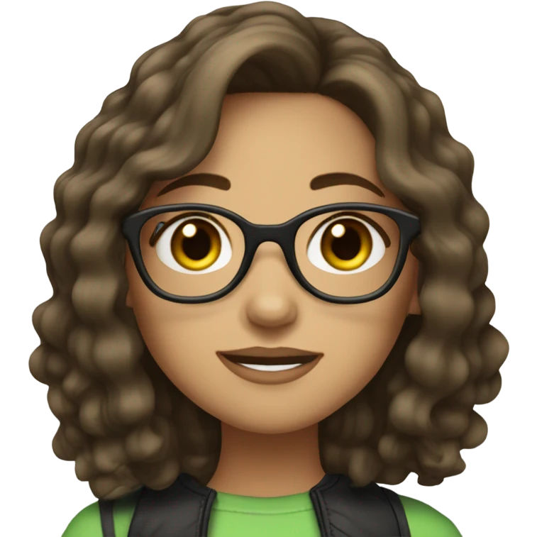 Girl with Longbob wavy dark Brown Hair and highlights in front of the hair and she wears glasses and has green eyes emoji