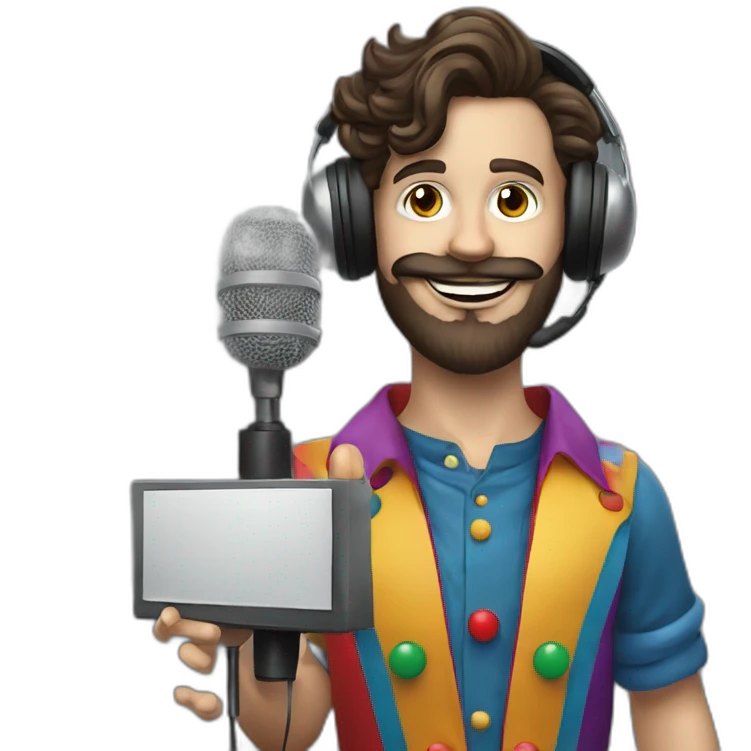 young brunette radio presenter with beard and with a microphone in his hand dressed as a clown emoji