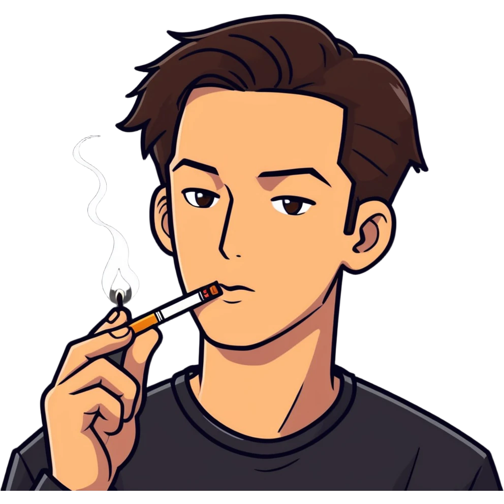 a guy with hazel eyes and slicked back brown hair stay with a lighter and a cigarette in his mouth with a sly expression on his face emoji