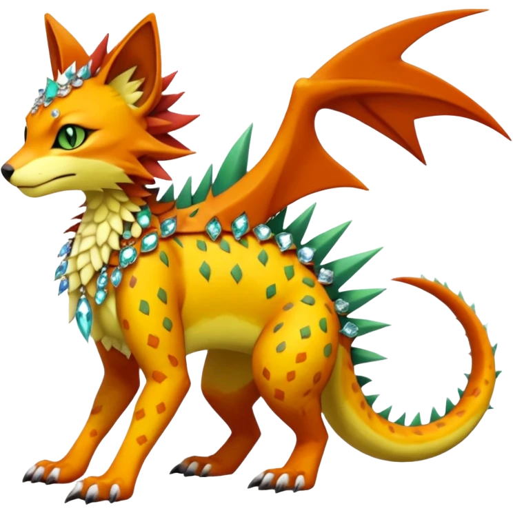 Kawaii cute reddish orangish yellowish greenish exotic tropical beautiful pretty elegant divine edgy feline-vernid-sergal-Fakémon-Pokémon-Digimon-fursona-animal-creature with accessories, jewelries, full body, with intricate detailed markings, spikes, crystals, fins, scales, spiny emoji