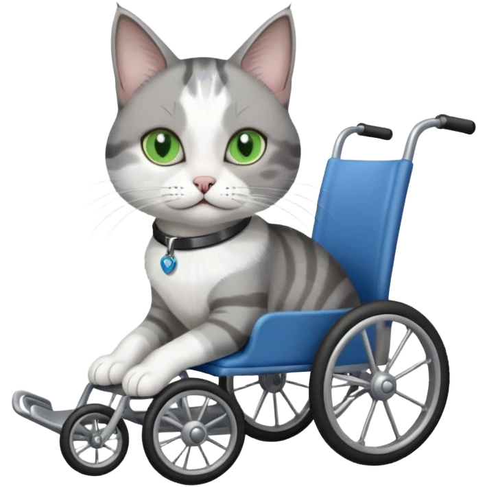 disabled grey and white cat in cat wheelchair emoji