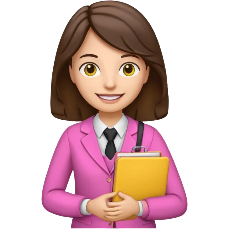 Teacher emoji but : wavy black volume brown hair, light western skin, no glasses, dark eyes, with a computer folder in the hand (color is yellow), being a teacher, wearing pink backpack but wear a teacher formal outfit, smile with teeth







 emoji