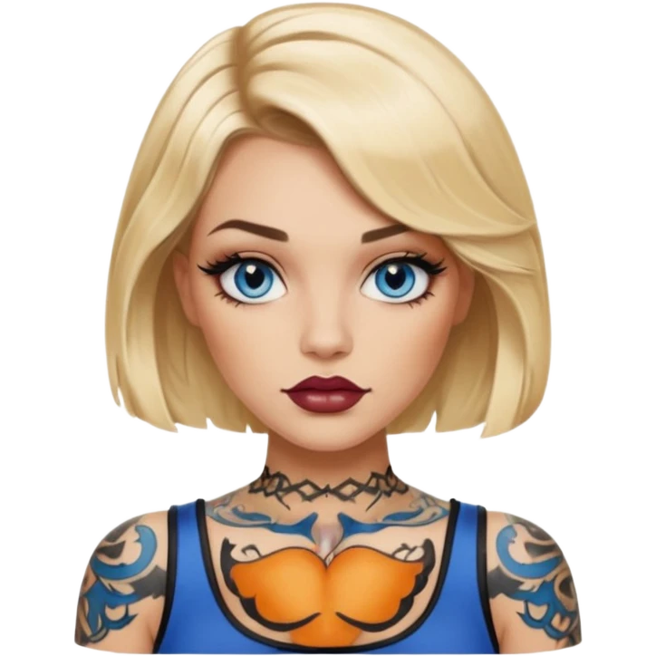 Edgy Woman, Blonde hair wavy Medium blunt bob, blue eyes, makeup Smokey lid with doe lashes, fuller glossy lips, tattoo on arms, wearing black emoji