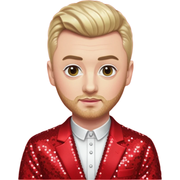 Sam Smith with blonde hair and short beard, red sequin outfit emoji