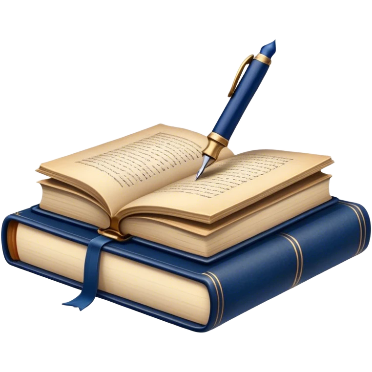 Create a vibrant emoji representing prose writing. The design should feature an open book with pages showing unfinished prose, a classic fountain pen or quill with black or dark blue ink, and an antique inkwell next to it. The pages should have visible lines of text, but some should remain unfinished, symbolizing the creative process. Use warm, earthy tones like brown, gold, and cream for the book and background, with the ink and pen in black or dark blue. The emoji should convey the idea of storytelling, creativity, and the unfinished nature of literary work. Make the background transparent. emoji