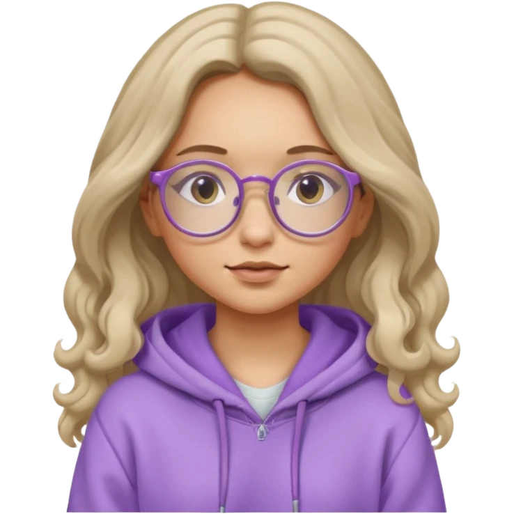 Chica de pelo largo y ondulado, con gafas redondas y expresión suave; viste una sudadera lila y transmite un estilo tranquilo y relajado. emoji