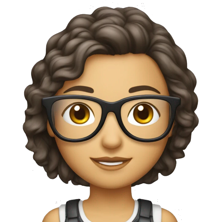 Una chica blanca, de cabello corto hasta los hombros  marrón, lentes de aviador, con una computadora  emoji