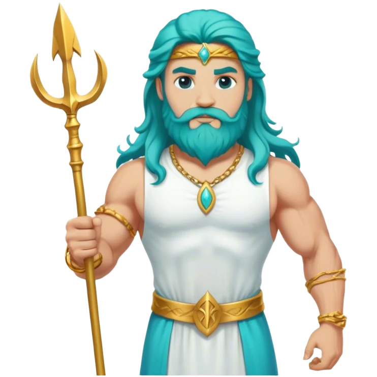 Muscular turquoise colored long hair  and beard man white dress gold bracelet holding trident emoji