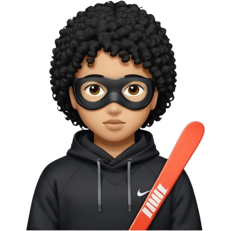 Blasian teenager wearing a hoodie with black curly hair and nike ski mask emoji