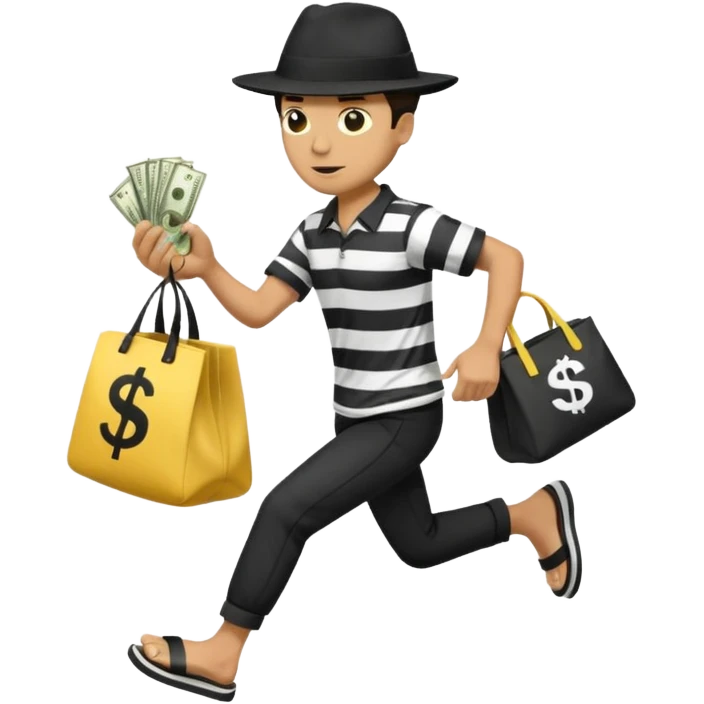 Make a man wear a black pant and he shirt is balck line and white line and wear a black hat and he holding a money bag and he running he wear a black eye thing no money in the Left hand and he yellow and the money bag in the right he wear a flip flop like this is Money bag 💰 NO MONEY emoji