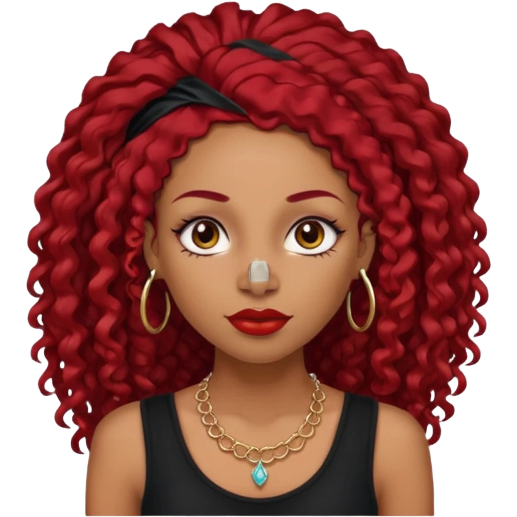 light-skinned black girl with very long eyelashes with long curly dark red hair with edges wearing a black top with no sleeves. and a red accessory on her head with nose and mouth piercings and is a baddie and looks like a bad girl. emoji