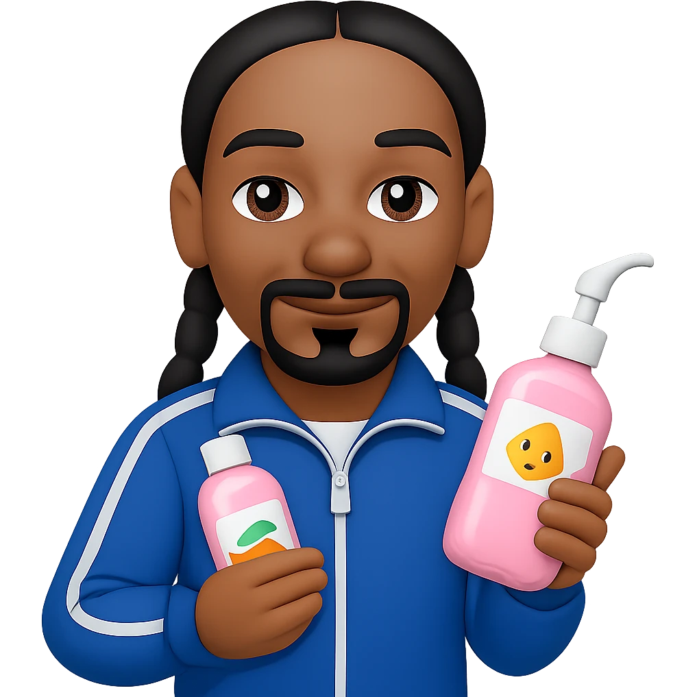 Change the baby oil bottle to pink, Snoop Dogg in a tracksuit holding it, in emoji style with no background. emoji