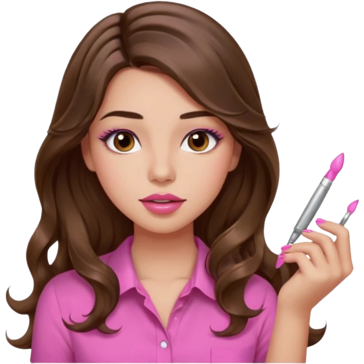 girl with long wavy brown hair, brown eyes, light to medium complexion, in a pink shirt, pink lips, long lashes, puckered lips, showing off painting long nails emoji