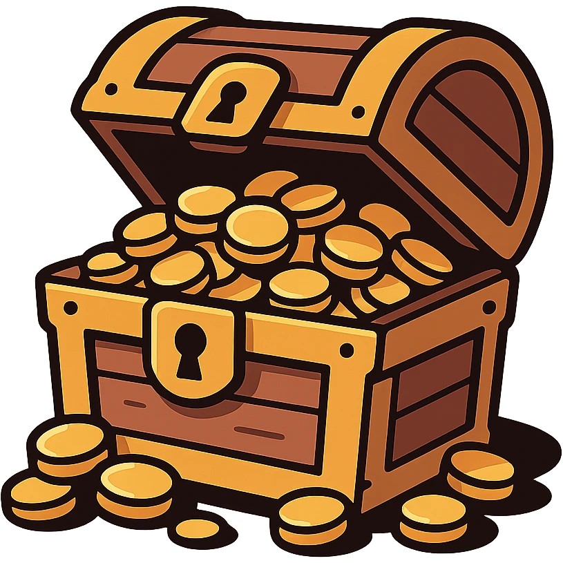 flat design style game icon of a treasure chest with gold coins spilling out, clean lines, vibrant colors, modern look emoji