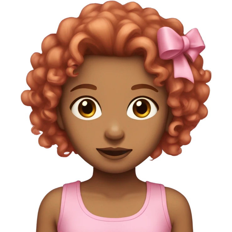 girl with light brown skin, curly red hair and brown eyes wearing a cute pink top with a bow in her hair emoji