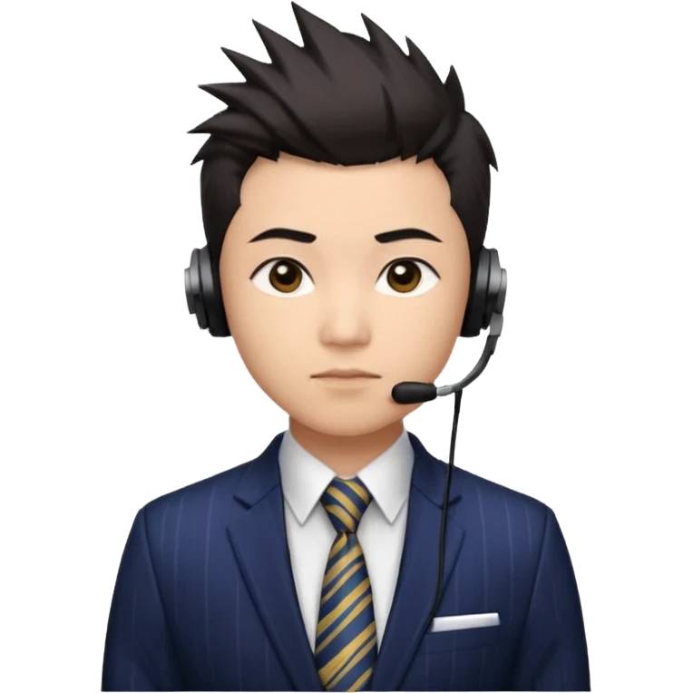 30 years old full kind of chubby face, very asian, short dark hair styled upward with a spiked swoop in front, a clean-shaven face, focused eyes, and a slim headset over one ear, wearing a dark pinstripe suit with a patterned dress shirt and a bright solid-colored tie visible from the chest up. emoji