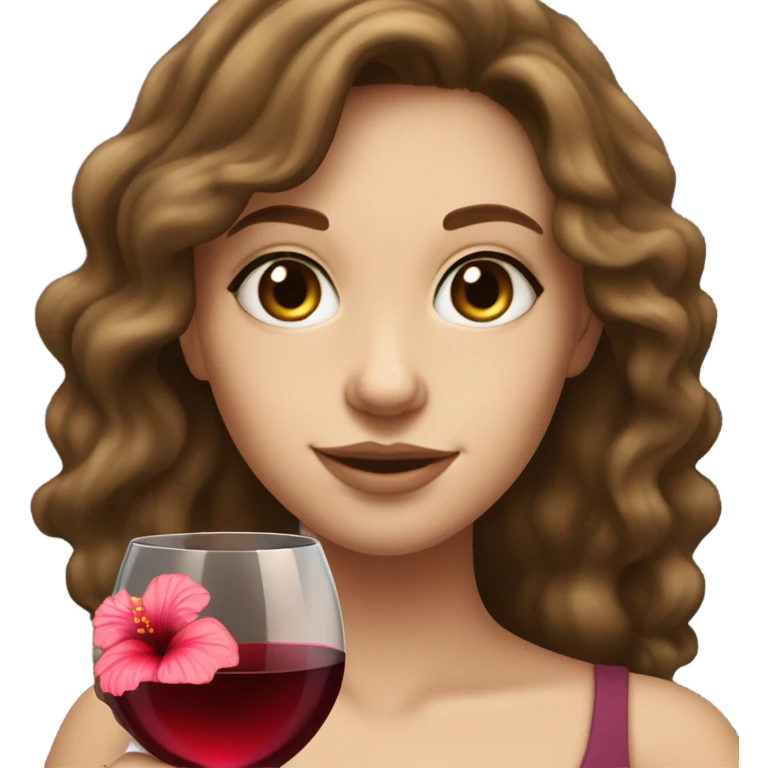 white girl with wavy brunette hair holding a glass of wine, with a hibiscus flower in her hair emoji