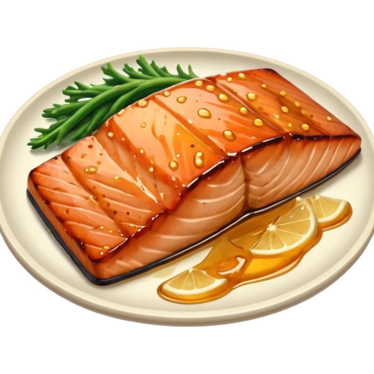 create a Honey Glazed Salmon

Camera angle: slightly elevated top-down view with a gentle bird’s-eye perspective (about 15–20°), identical perspective and scaled do not add anything  on plate  emoji