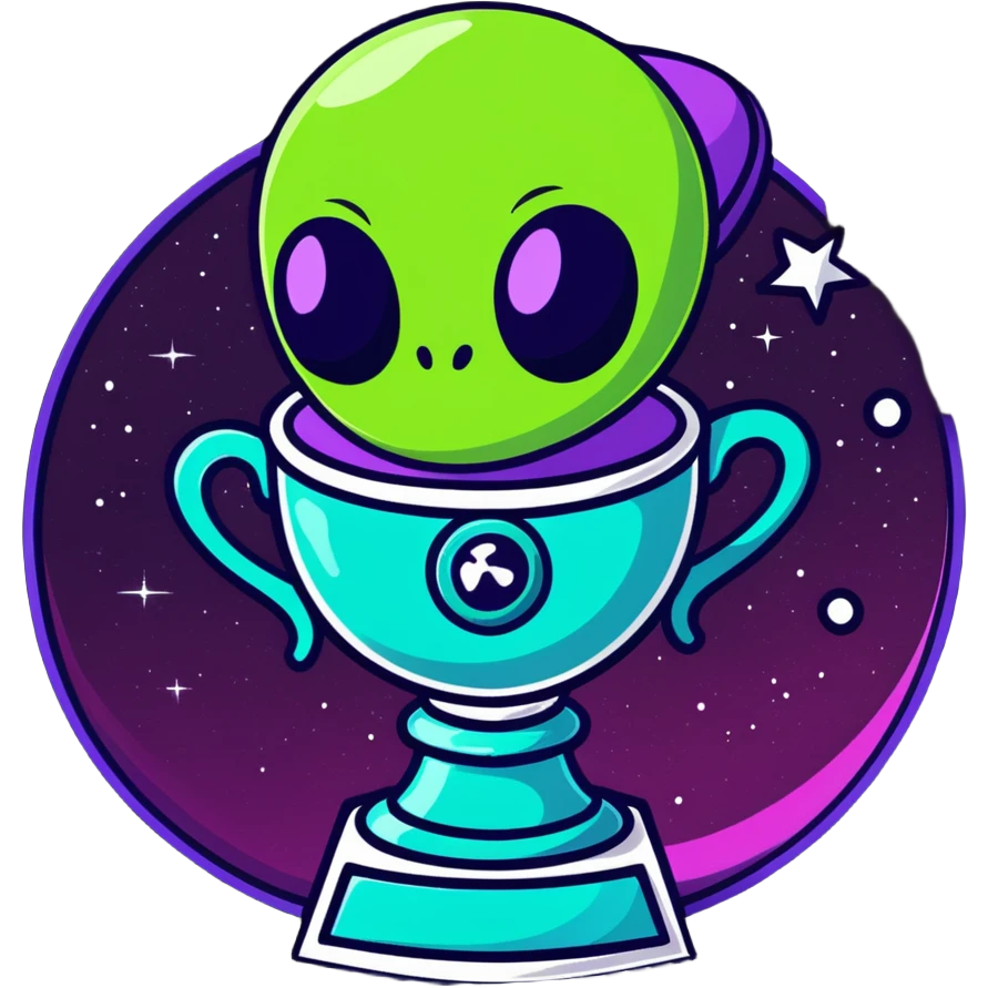 An alien trophy award with swirling cosmic colors, deep space nebula hues, and star patterns emoji