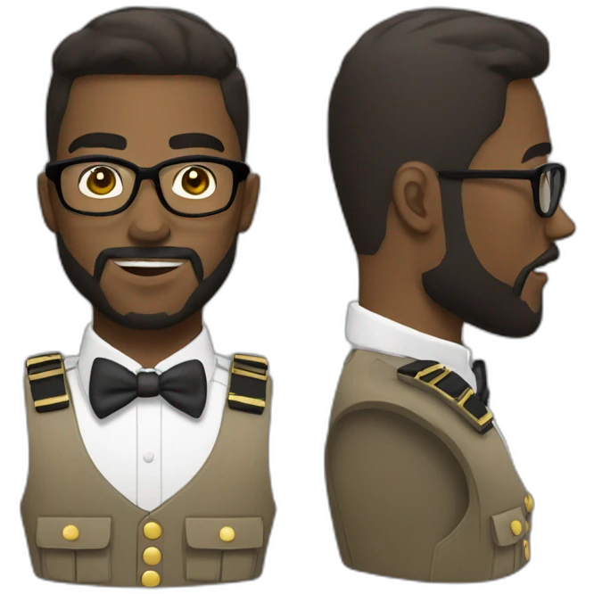 black soldier with beard, part in hair, white collared shirt, bow tie, gold glasses, bulletproof vest  emoji