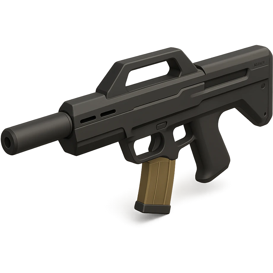 side profile of the ARX-22 VELFIRE bullpup assault rifle, matte black finish, integrated carry handle and optic rail, cylindrical suppressor-style barrel, magazine behind the grip, minimalist angular futuristic design, three cooling vents near the front grip, neutral lighting, soft shadow, plain gray background emoji
