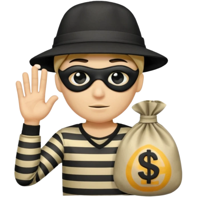 Cartoon-Räuber mit schwarzer Augenmaske, gestreiftem Shirt, schwarzer Mütze und einem Geldsack mit $-Zeichen. emoji