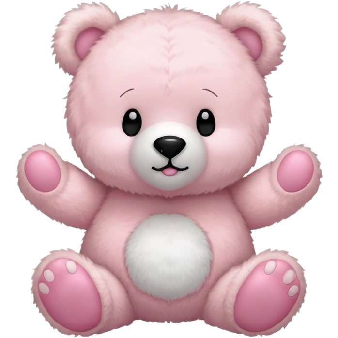 a fluffy toy teddy with a light pink colored shell and ears and a big white face and round bear feet, with a cute black closed eyes and mouth emoji