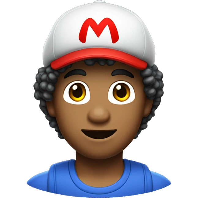 light skinned person with curly hair and Super Mario's cap emoji