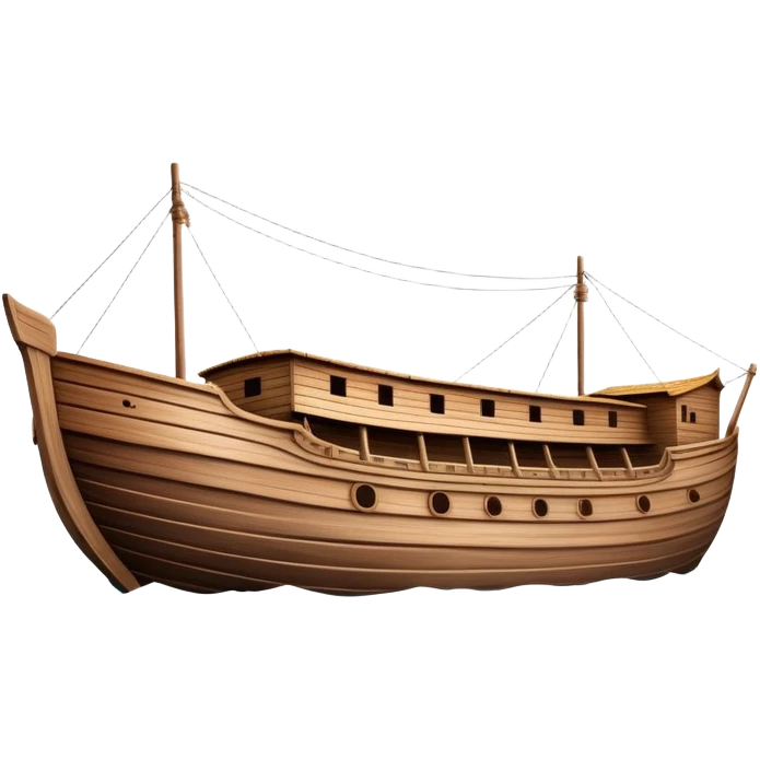 Huge empty wooden Noah's ark boat on water, wide and spacious, no occupants, realistic details emoji