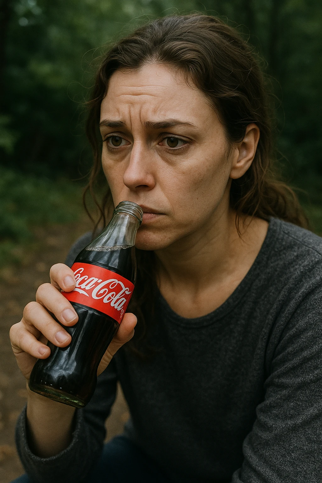 donna con ansia. Che beve coca cola. Immagini realistiche emoji