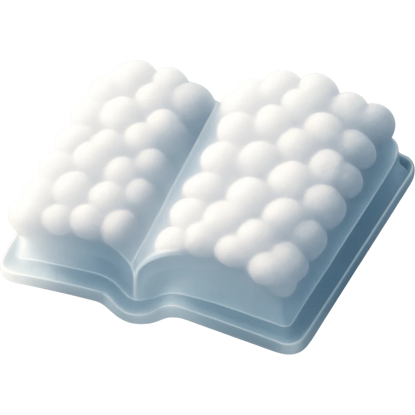 top view of a thick open book made entirely of small, very bright white fluffy convex clouds, matte glass style emoji