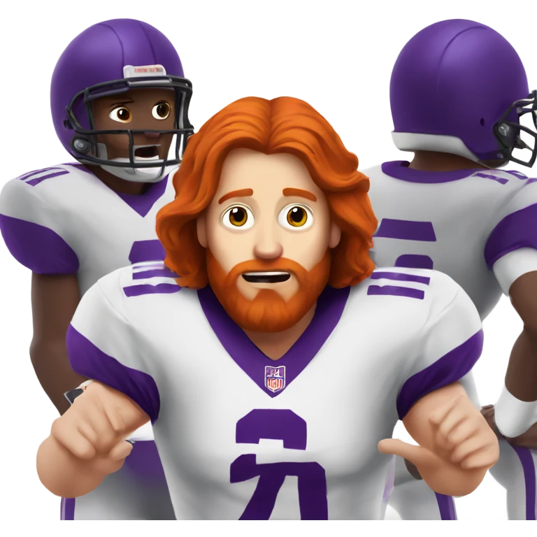 Redhead jesus playing American football wearing purple and silly face emoji