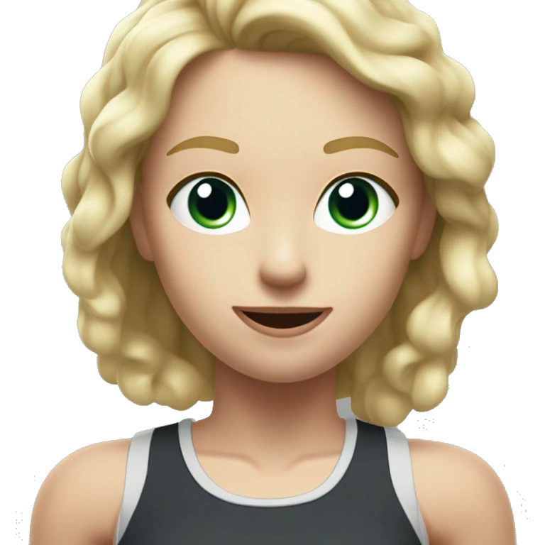 Close up Actively gesturing  with hands Pale skinned Fit woman With the biceps and blonde hair in dark gray Sleeveless Mike, black sports shorts, watch and white Sneakers emoji