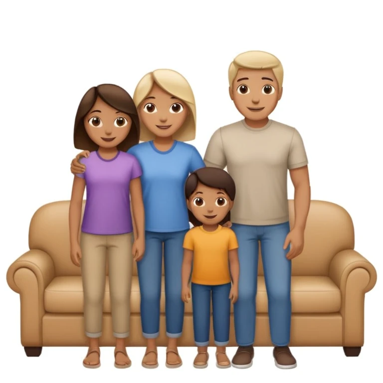 family posing for photo, living room background emoji