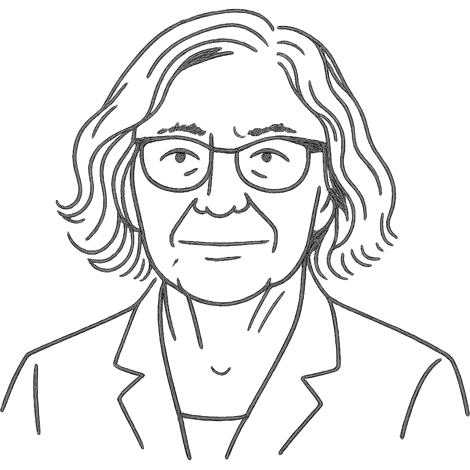 a hand drawn black outline portrait of philosopher Catherine Larrère based a famous portrait of her emoji