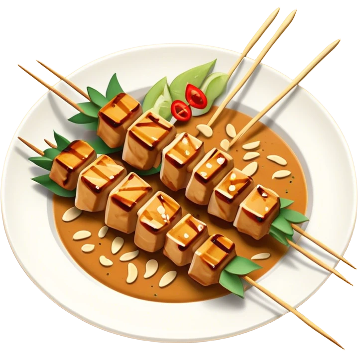 Cinematic Realistic Indonesian Chicken Satay Dish Emoji, depicted as succulent, marinated chicken skewers grilled to perfection with a subtle char, drizzled generously with a rich, creamy peanut sauce that glistens under warm, natural lighting. The vibrant textures of the tender meat and smooth, spicy sauce evoke the authentic flavors of Indonesian street food, rendered with lifelike detail and dynamic, appetizing lighting. emoji
