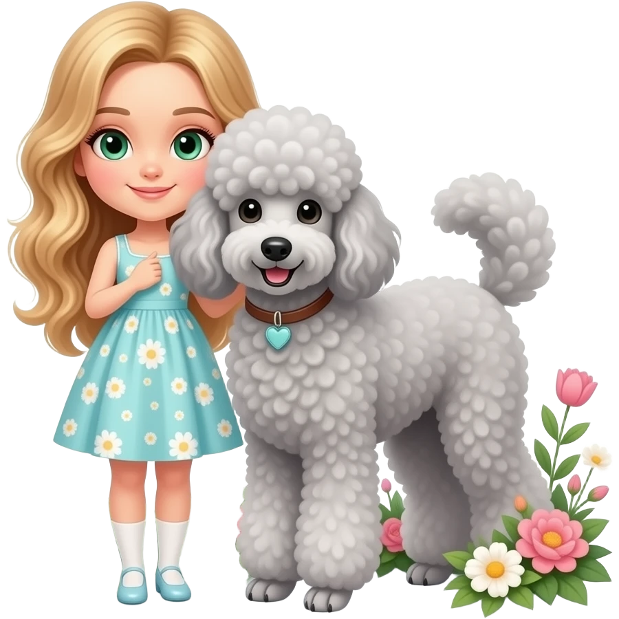 A ebeautiful girl with green eyes and-long blonde wavy hair a silver curly large poodle in the flowers emoji
