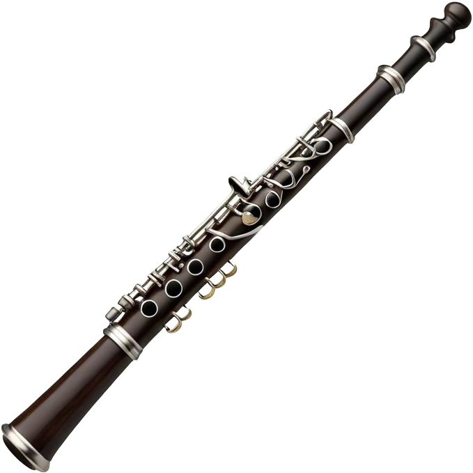 Create an elegant and detailed emoji representing a black oboe with a reed. The design should showcase the sleek, dark wood finish of the oboe, with the metal keys clearly visible. The reed should be delicately placed at the top of the instrument, emphasizing its essential role in producing sound. Add subtle details like the silver or brass accents on the keys to reflect the high-quality craftsmanship of the instrument. Use deep black, silver, and wood tones for the oboe to capture its sophisticated appearance. The background should be transparent. emoji