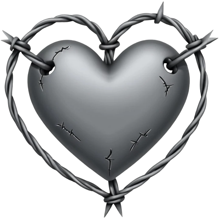 Minimal black line art heart made from barbed wire, hand-drawn sketch look, uneven ink strokes, 6–7 barbs with twisted knots, simple clean outline, centered on plain white background, high contrast emoji