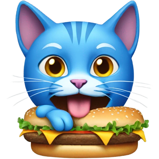 A blue cat which is eating a hamburger emoji