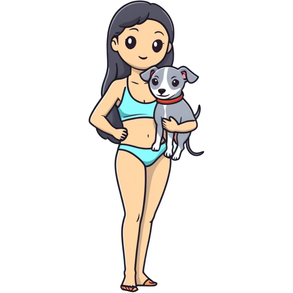 Slim Chinese woman with long black hair in appropriate pool attire at an indoor swimming pool with her Italian greyhound that is COMPLETELY solid grey, with absolutely NO white markings anywhere, single uniform grey color throughout entire dog body emoji