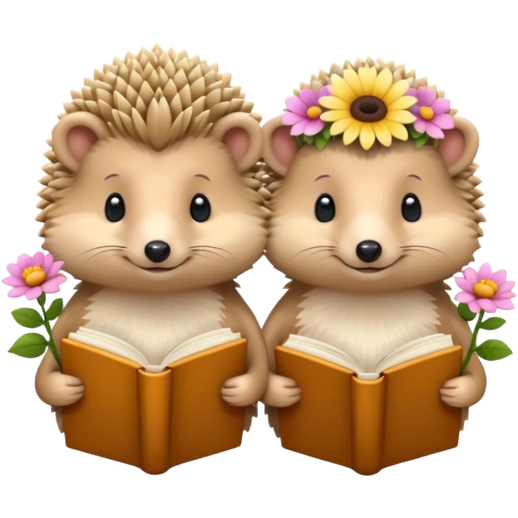 2 Beige Hedgehogs reading books + flowers emoji