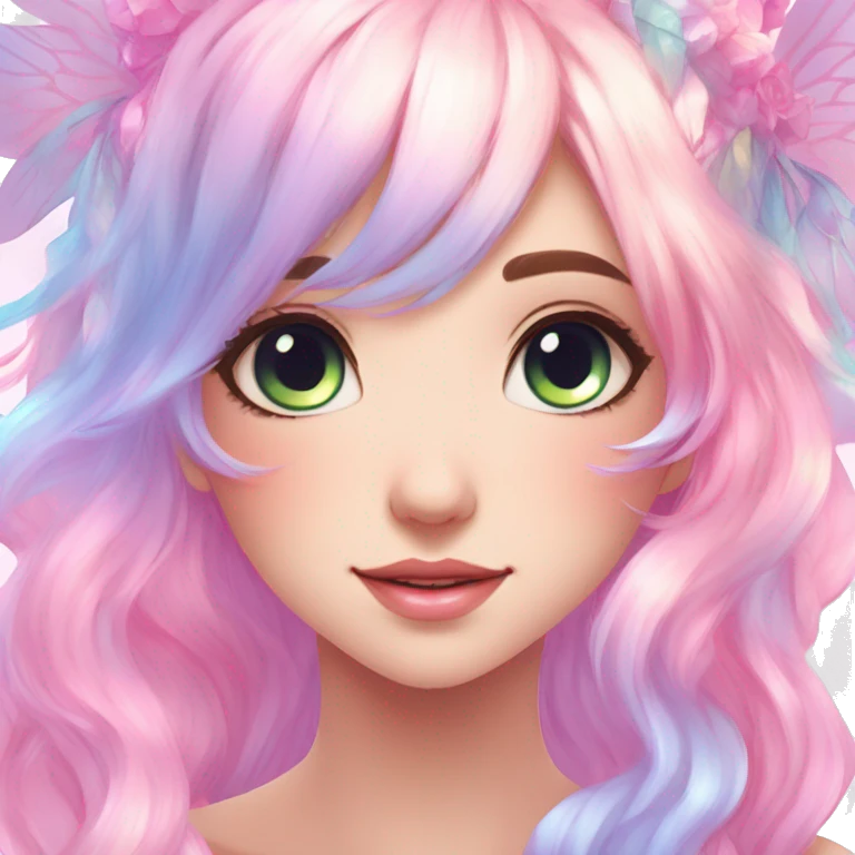 Gorgeous Beautiful Blushing Petite Colorful-Shiny-Pastel-Fairy-Soarkle-Anime-Lady with beautiful gradient pastel hair aesthetic emoji