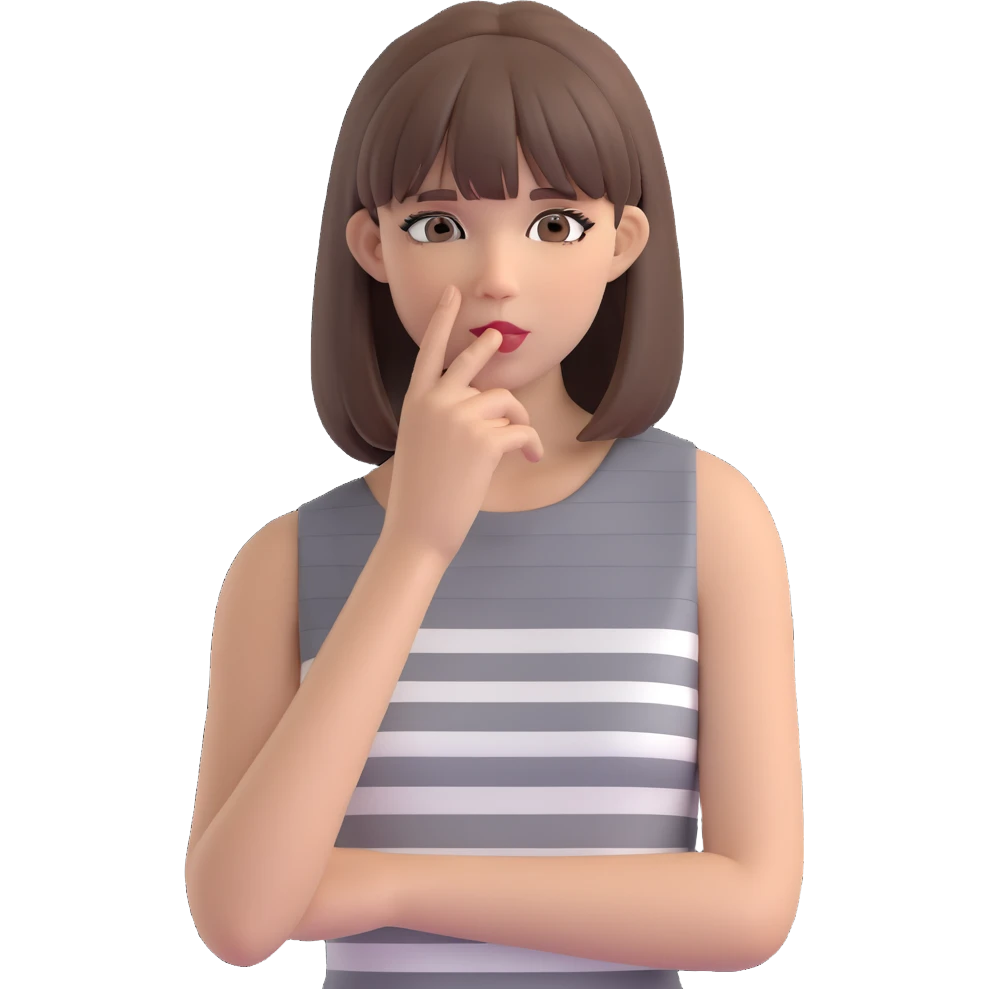 cute emoji-style cartoon of a fashionable woman in a sleeveless grey-and-white striped dress, straight medium brown hair with bangs, touching her face with one hand, confident neutral expression, minimal white or transparent background, compact and simplified emoji