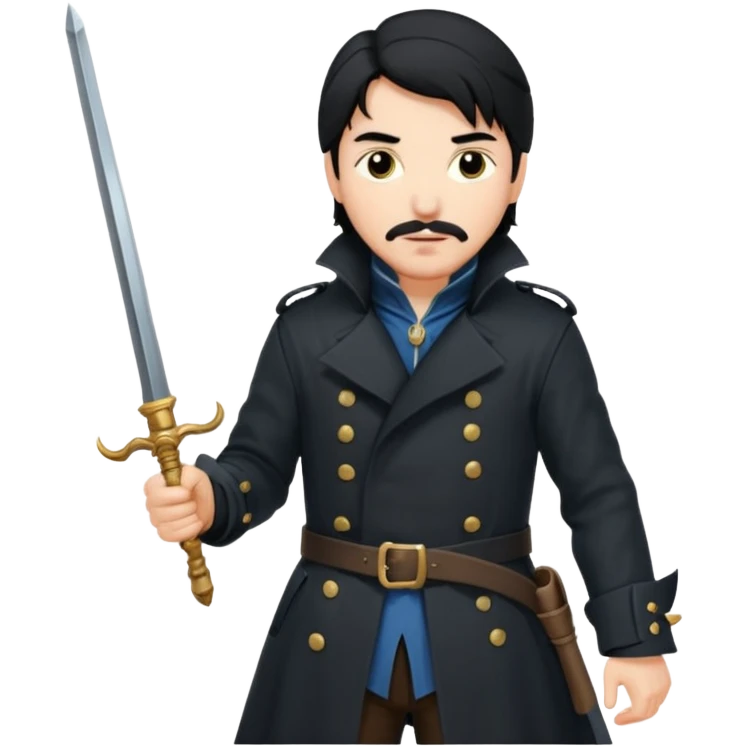 Athos, black hair, musketeer in black trench coat emoji
