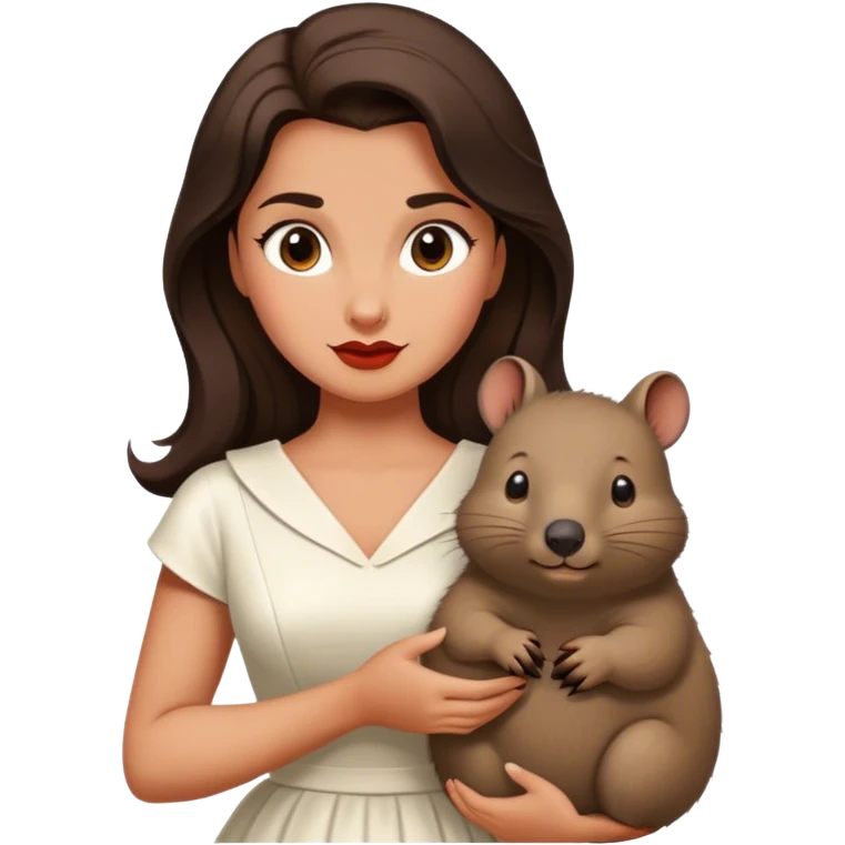 Beautiful woman in 1950’s woman fashion look, white dress, long dark brown hair, wombat emoji