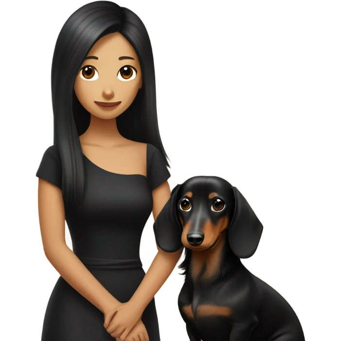 Long-haired dachshund with black-haired Asian girl wearing black dress emoji
